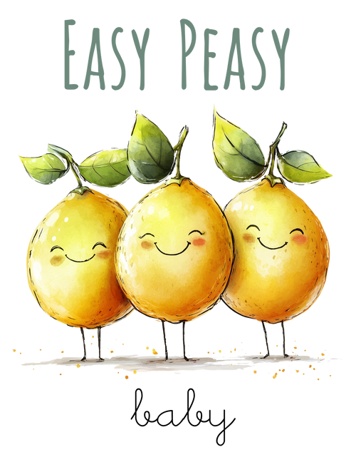 Three smiling lemons with leaves and the text 'Easy Peasy baby' brand logo of an online baby gift shop